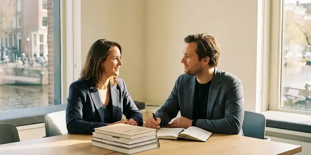 vertrouwen-zakelijk-gesprek-amsterdam-kantoor.jpg Zakelijke professional in gesprek met klant aan eikenhouten tafel in modern Amsterdams kantoor met vloer-tot-plafondvensters.