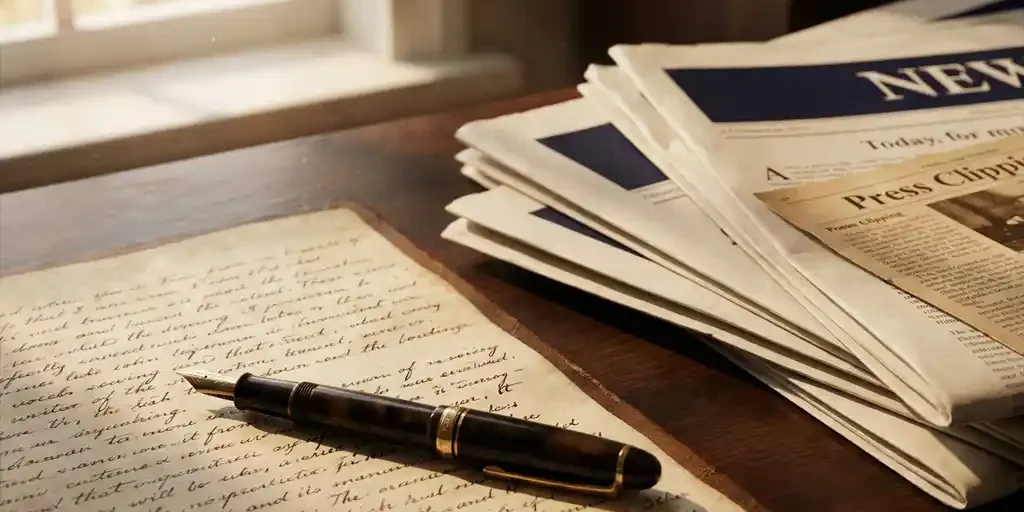 vulpennen-manuscript-redactie-journalistiek.jpg Vulpen op handgeschreven manuscript naast gevouwen kranten en een krantenknipsel op donker houten bureau in warm goudkleurig licht.