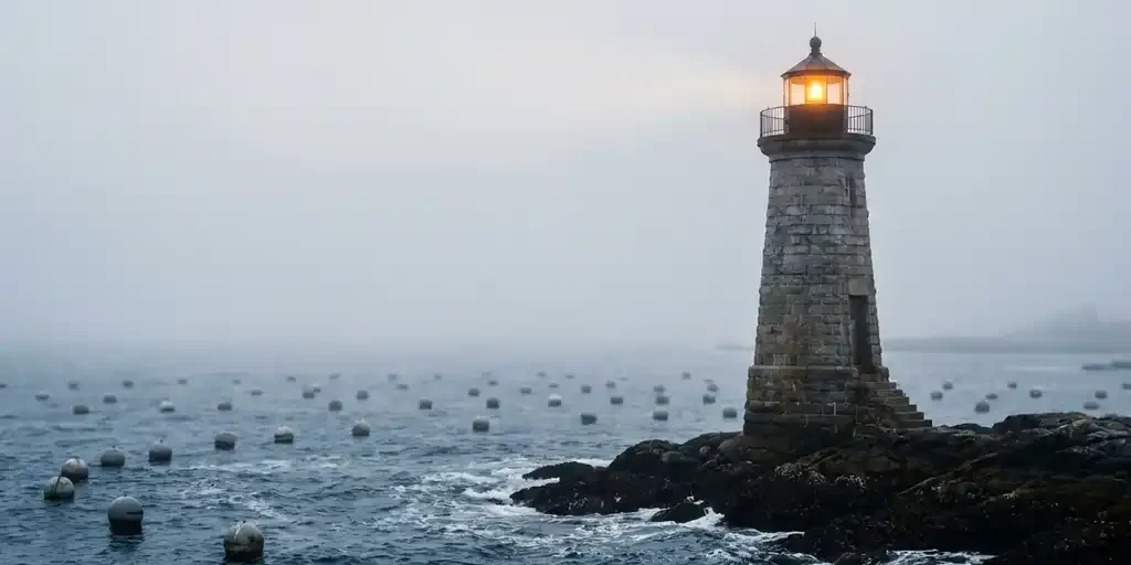Vuurtoren op rotsachtige kust met amberkleurig lichtbundel door kustnevel, omringd door grijze boeien in donkerblauwe zee.