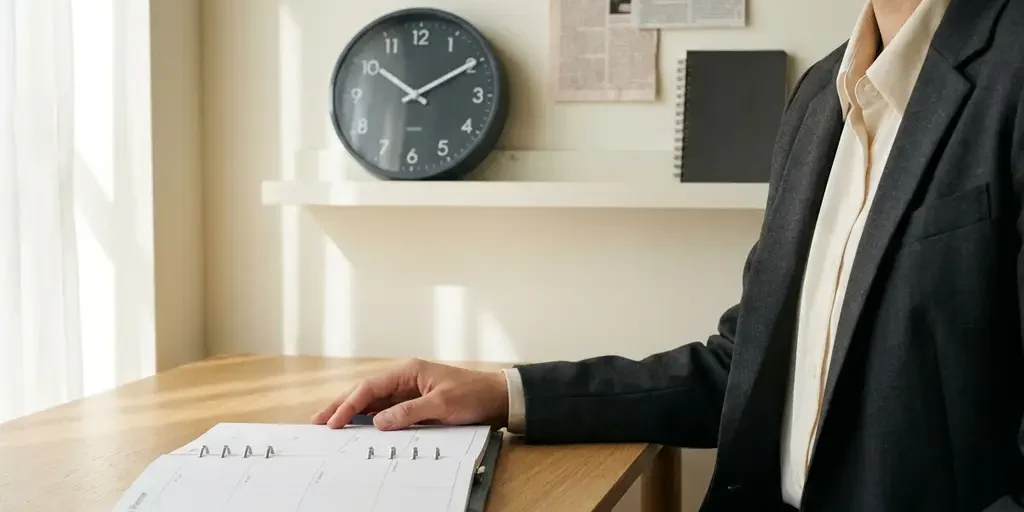 weekplanner-professional-bureau-organisatie.jpg Zakelijke professional bekijkt wekelijkse planner op minimalistisch bureau met wandklok, persknipsels en notitieboek in zacht natuurlijk licht.