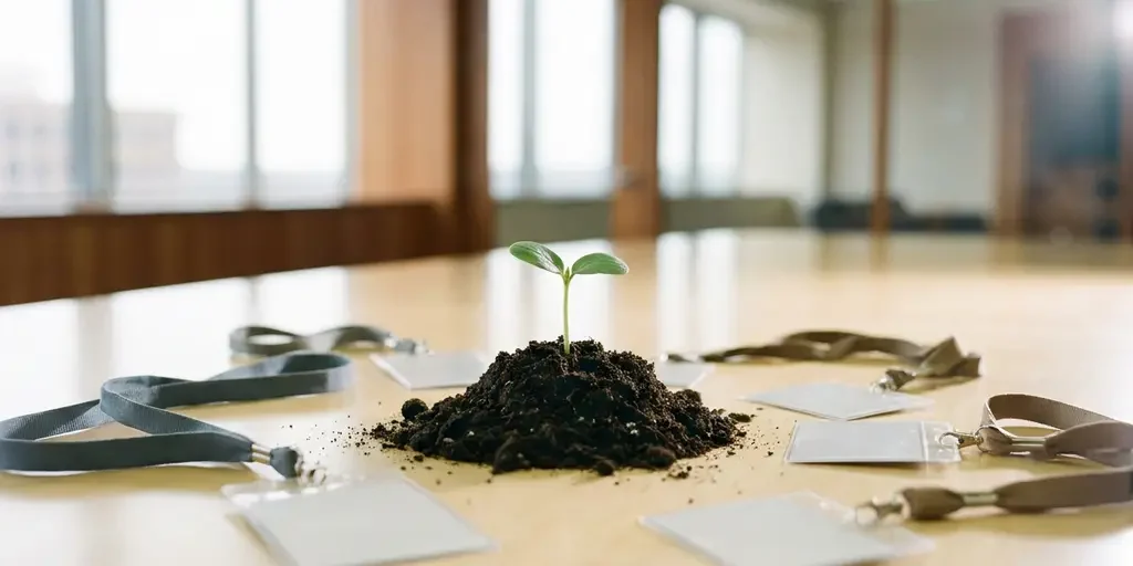 zaailing-groei-persconferentie-tafel-natuur.jpg Jonge zaailing die opkomt uit donkere aarde op een vergadertafel, omringd door lege persbadges, zacht natuurlijk licht.