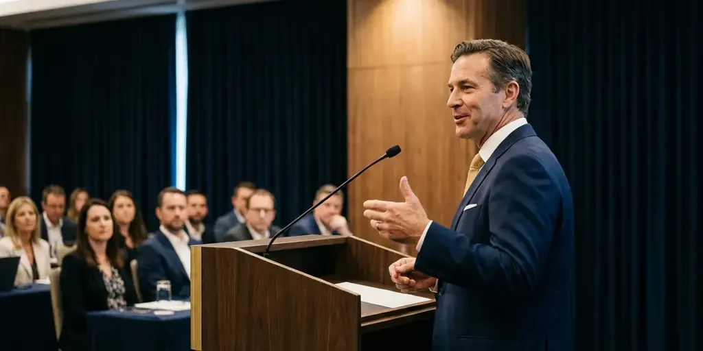 spreker-podium-boardroom-autoriteit-presentatie.jpg Zakenman in maatpak spreekt zelfverzekerd achter een podium voor een boardroomzaal, verlicht door een spotlight in marineblauw en goud.