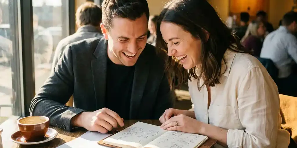 Twee professionals lachen samen over een notitieboek in een zonnig café, met koffie en handgeschreven notities op tafel.