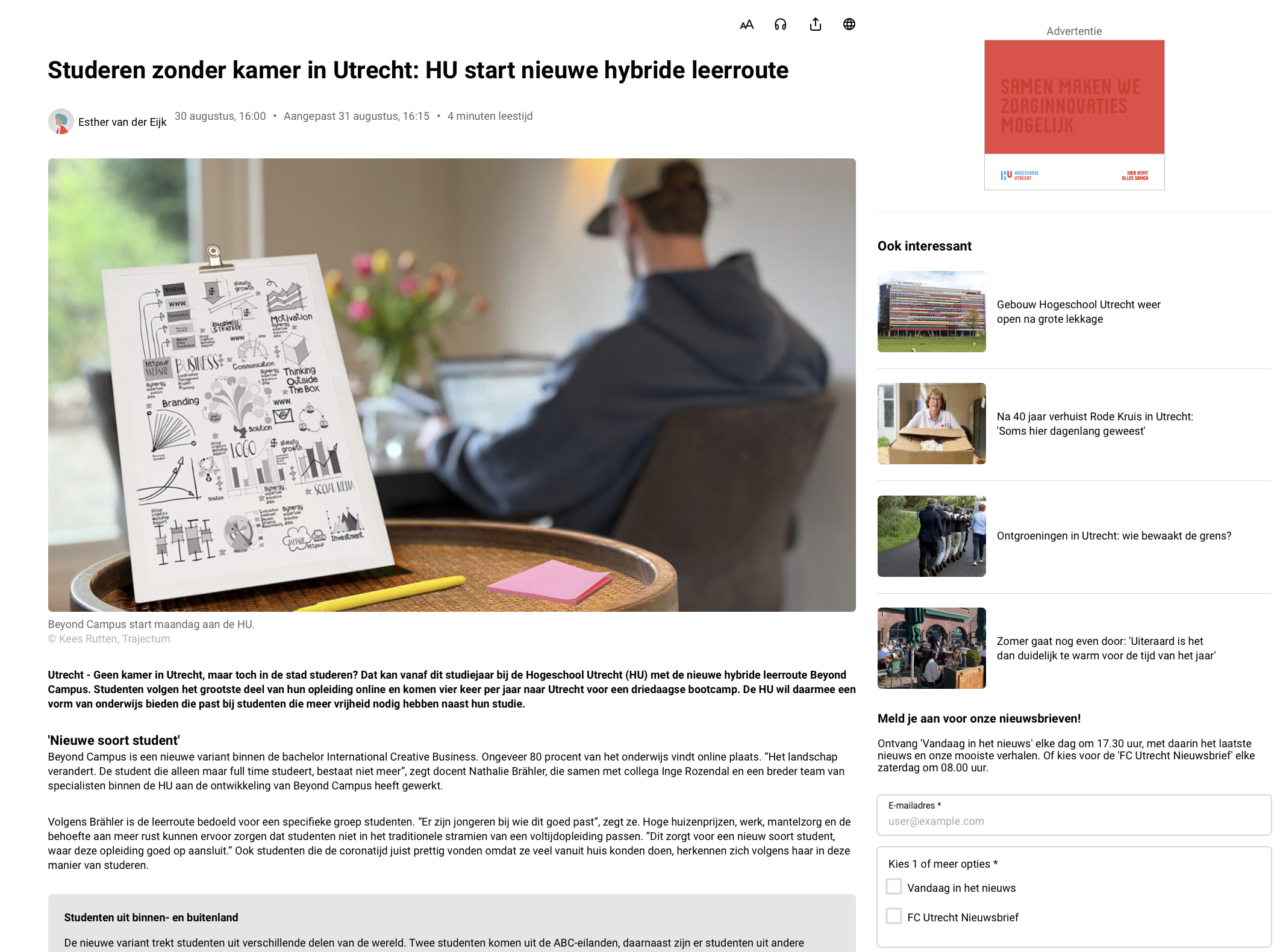 RTV Utrcht nieuwsbericht screenshot: studeren zonder kamer in Utrecht: HU start niuewe hybride leerroute Beyond Campus 